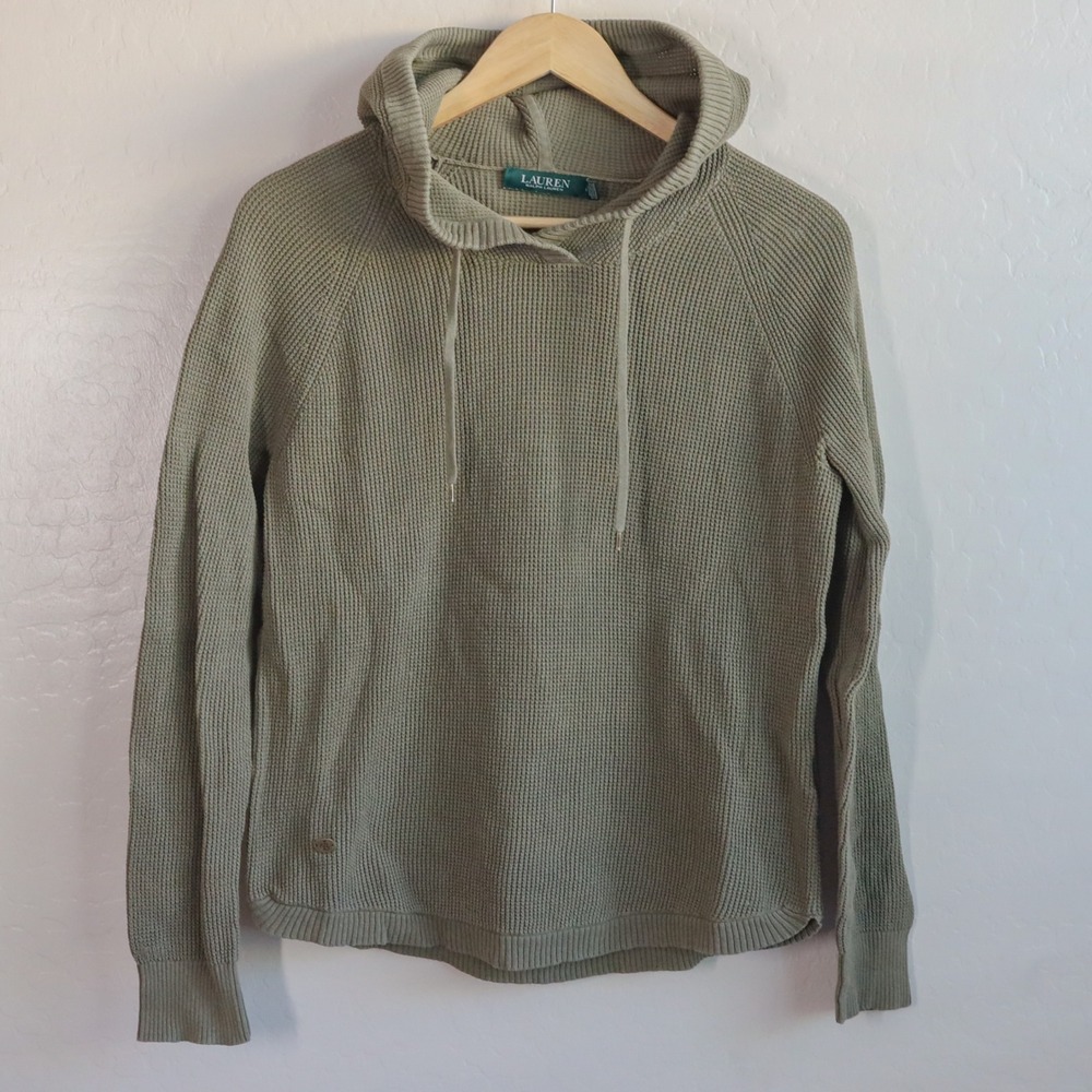 Lauren Ralph‎ Lauren Women's Waffle Knit Cowl Neck Hoodie Pullover Green Size M
